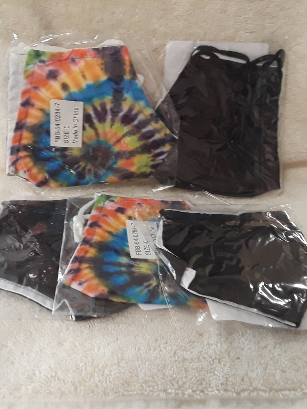 5 Reusable Fabric Face Masks New: 2 Bright Tie Dye + 3 Solid Black All Unisex